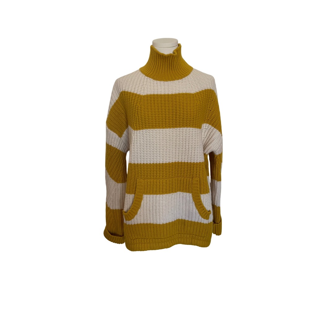 JCrew Fisherman Chunky Knit Merino Wool Sweater Pocket Mustard Yellow Cream